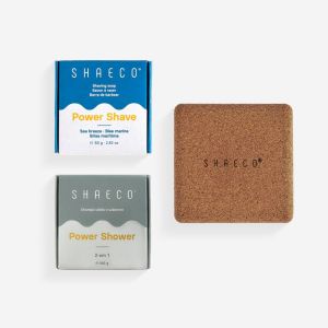 Champô Sólido e Sabonete 2 em 1 Power Shower 100 g + Barra Barbear Power Shave 80 g + Saboneteira Viagem 